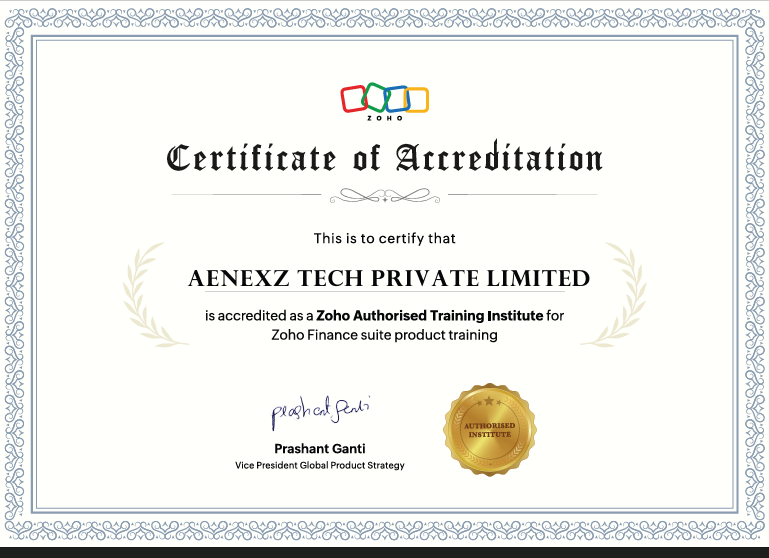 Zoho Authorised Training Institute Certificate for Aenexz Tech Private Limited